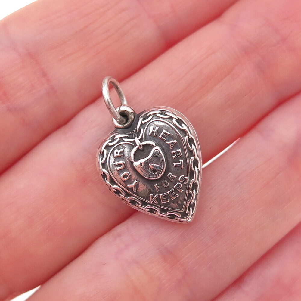 925 Sterling Antique Art Deco Your Heart for Keeps Chatelaine Charm Pendant